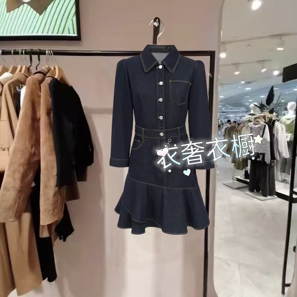女装2025秋季新款连衣裙翻领收腰撞色七分袖牛仔裙325342013