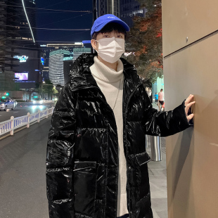 秋冬亮面中长款白鸭绒羽绒服保暖加厚连帽外套潮牌青年派克服情侣