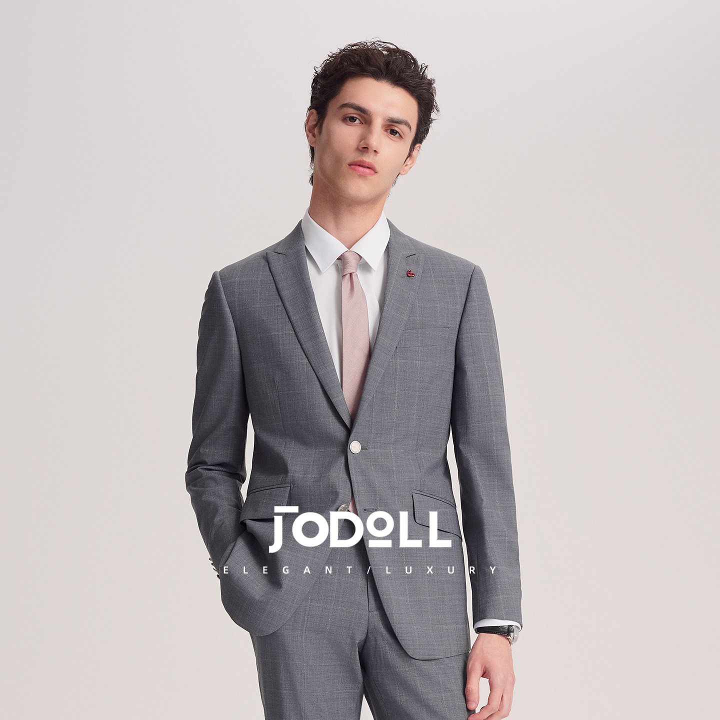 JODOLL乔顿西服套装上衣男士韩版修身格子格纹灰色绵羊毛西装外套