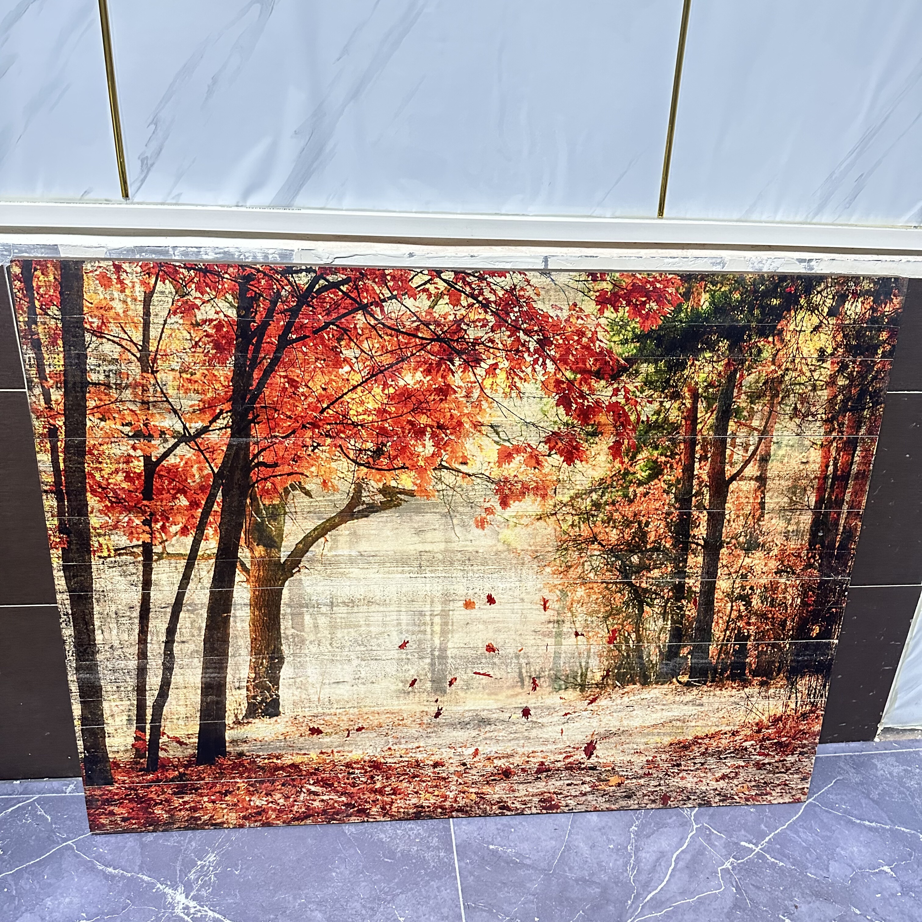 大红色枫叶树林手绘油画北欧风装饰画客厅挂画玄关立体丙烯肌理画图片