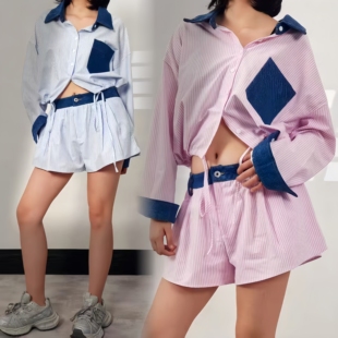 高级感时尚 抽绳设计复古牛仔拼接条纹衬衫 女春夏装 套装 两件套 短裤