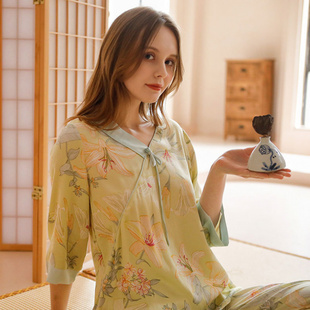 国风绿百合印花人棉贡缎睡衣女舒适透气家居服套装 新款