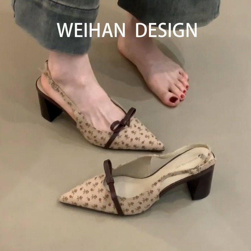 羊皮版！甜美风尖头碎花布蝴蝶结气质高跟鞋粗跟百搭浅口后空单鞋