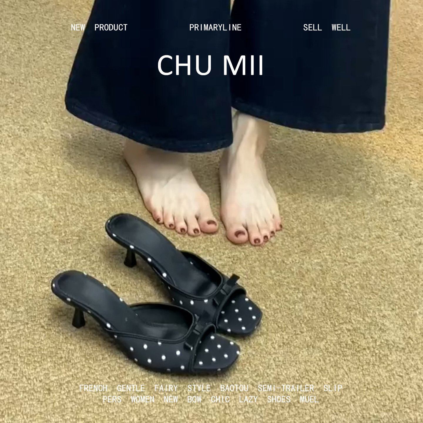 羊皮版！法式绝美波点方头高跟鞋女黑色真皮包头凉鞋细跟凉拖鞋