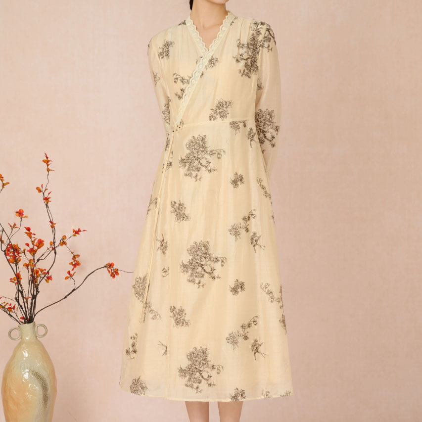 七分袖女真丝优雅气质复古长裙