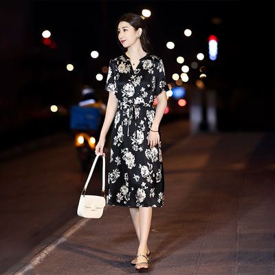 声雨竹夏季新款印花高端真丝连衣裙女士小个子遮肚子重磅桑蚕丝裙