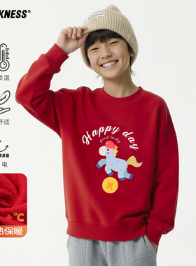 DK童装25秋冬趣味小马女男童加绒保暖红色卫衣儿童中大童休闲上衣
