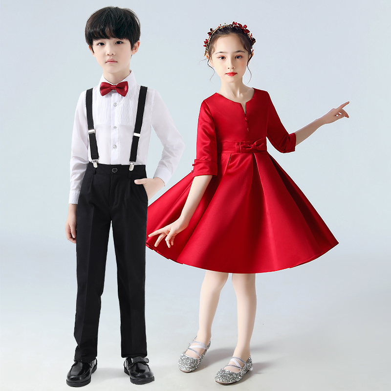 国庆儿童演出服小学生合唱团女童红色舞蹈裙礼服朗诵比赛表演服装