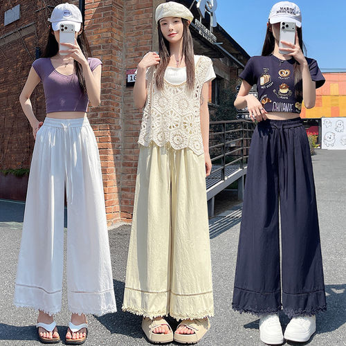 德国甄选现货花边阔腿裤女2026夏季新款洗水棉高腰显瘦九分裤百搭