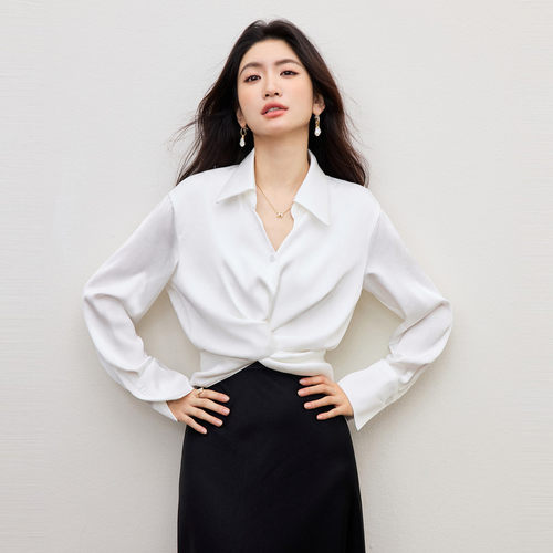 德国甄选白衬衫扭结长袖女2026春季设计感小众短款洋气小衫多穿法