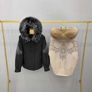 海宁进口轻奢爆款烫钻天使之翼修身派克服女真兔毛可拆卸内胆貉子