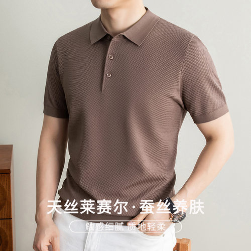 德国【潮牌】菠萝纹短袖针织衫男桑蚕丝时尚POLO衫天丝棉绢翻领t