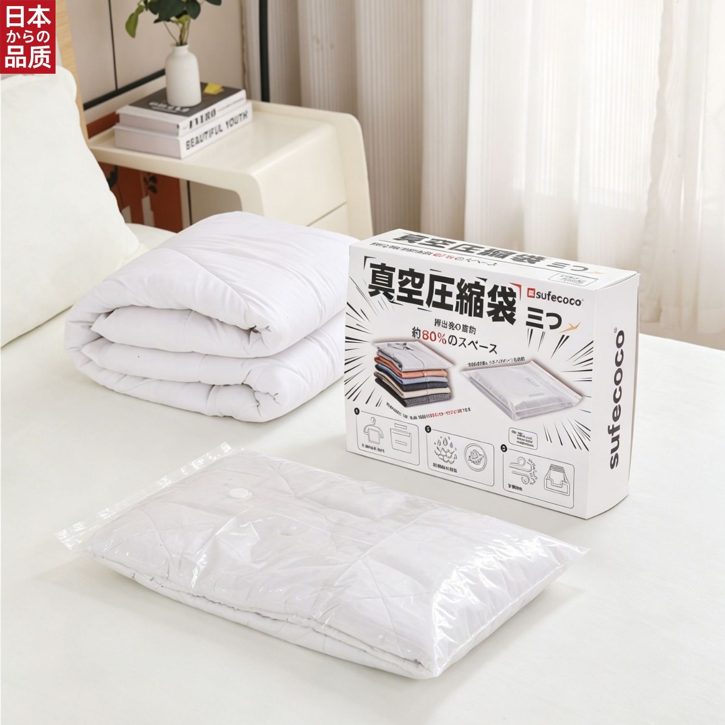 日本进口 真空压缩收纳袋大中小3件套 加厚防潮衣物被子羽绒服真