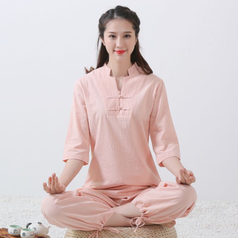 夏季禅服套装棉麻中袖粉色中国风