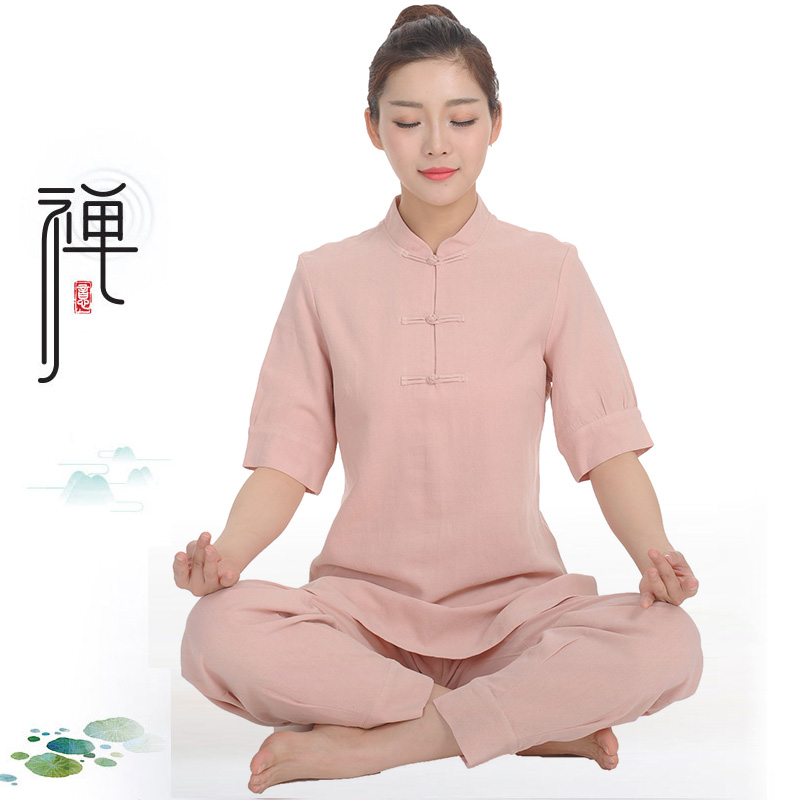 夏季亚麻瑜伽服高端女短袖棉麻黑色布衣禅修打坐居士服套装中国风