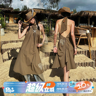 QUORRA S CHORD原创多种穿法绑带纯棉海螺印花条纹露背挂脖连衣裙