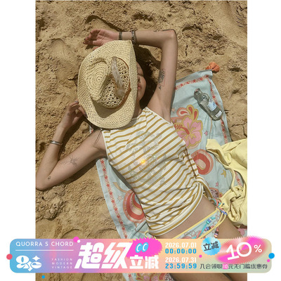 QSC原创纯棉船锚扶桑花条纹海军风开叉绑带上衣背心T恤