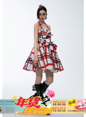 QSC原创设计涂鸦格子限量定制纯棉面料蝴蝶结挂脖朋克蓬蓬连衣裙