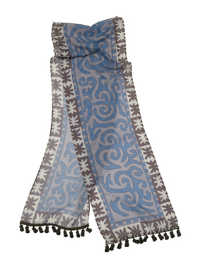 QSC轻薄飘逸流苏棕蓝配色哈萨克民族纹案长巾