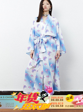 QSC原创设计骷髅星星粉蓝色印花浴衣和服外套蝴蝶结腰带三件套