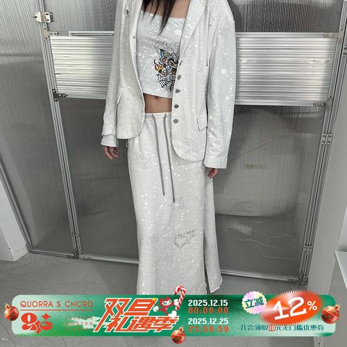 QSC原创朋克灰蓝玫瑰复古手绘纹身图案小众感烫钻破洞半身裙长裙