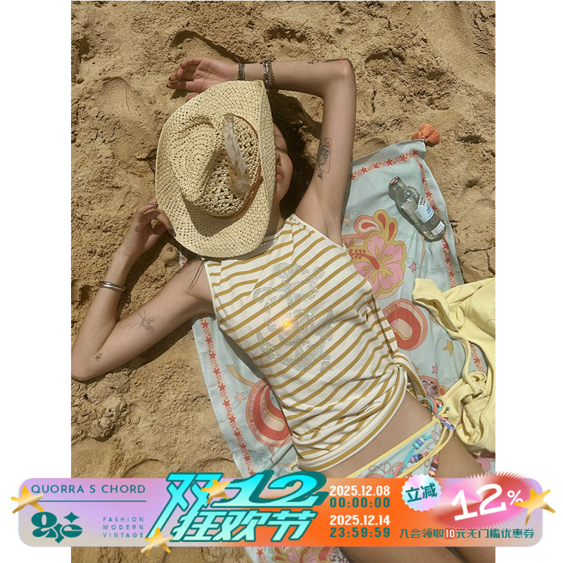 QSC原创纯棉船锚扶桑花条纹海军风开叉绑带上衣背心T恤