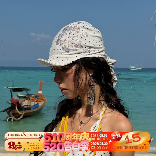 QSC纯棉波点扶桑花烫钻可变形帽沿绑带三角巾帽子高弹透气