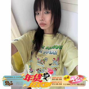 QSC可爱漫画男女宽松黄绿色柔软纯棉做旧oversized大T恤