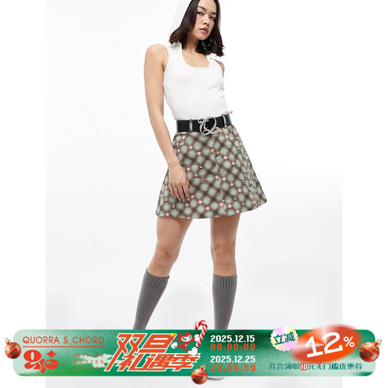 QSC辣妹廓形铆钉半身裙纯棉透气