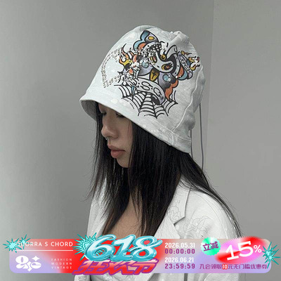 QSC原创朋克灰蓝玫瑰复古纹身手绘风格烫钻纯棉弹力冷帽可调节