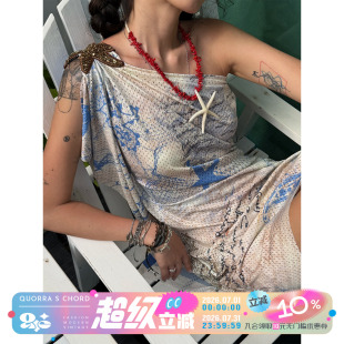 QSC海王英雄归来斜肩露肩上衣连衣裙高弹T恤海星帆船条纹网眼垂顺