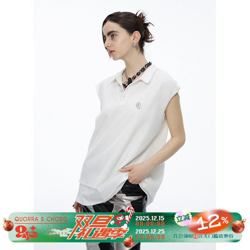 宽松无袖白色网纱polo衫