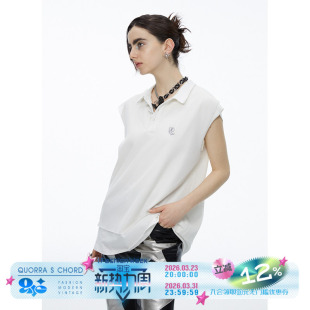 坎肩T恤上衣 CHORD纯棉假两件白色网纱毛边设计POLO无袖 QUORRA