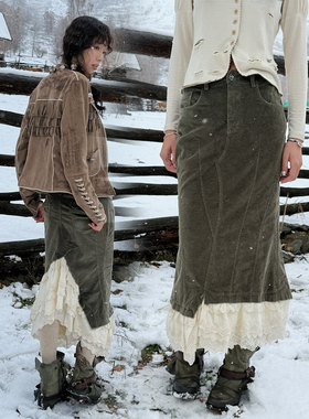 QSC半身长款鱼尾裙高弹绿色灯芯绒面料拼接纯棉蕾丝镂空花边