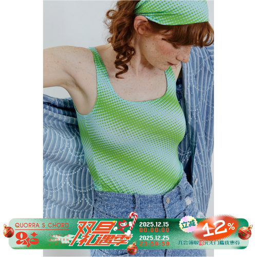 QSDC柠檬草绿进口面料限量迷幻圆点印花纯棉弹力背心吊带打底女