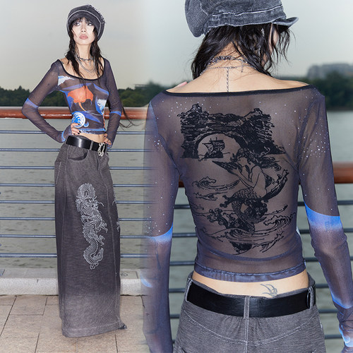 长袖独立薄印花高弹网纱男女