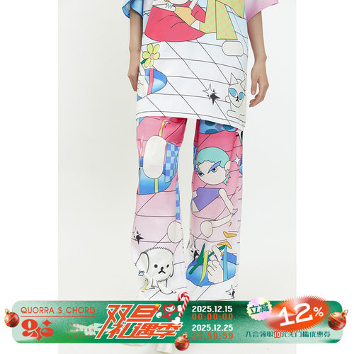 印花松紧腰直筒长裤宽松休闲微弹