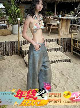 QSC原创款宽松牛仔阔腿裤重工艺脏洗拖地踩脚破洞长裤