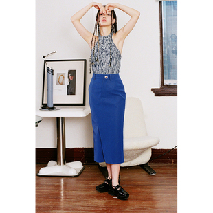 QSC宝蓝色条纹开衩复古高腰显瘦半身裙皮裙 不退不换 惊喜五折