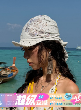 QSC纯棉波点扶桑花烫钻可变形帽沿绑带三角巾帽子高弹透气