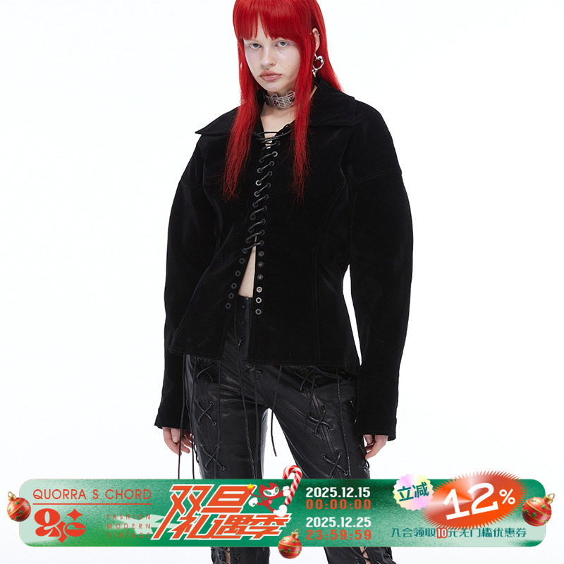 QUORRASCHORD棉廓形黑丝绒棉衣