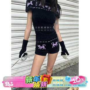 QSC25原创新款 黑紫猫咪刺绣提花针织高弹松紧腰毛茸茸甜酷短裤