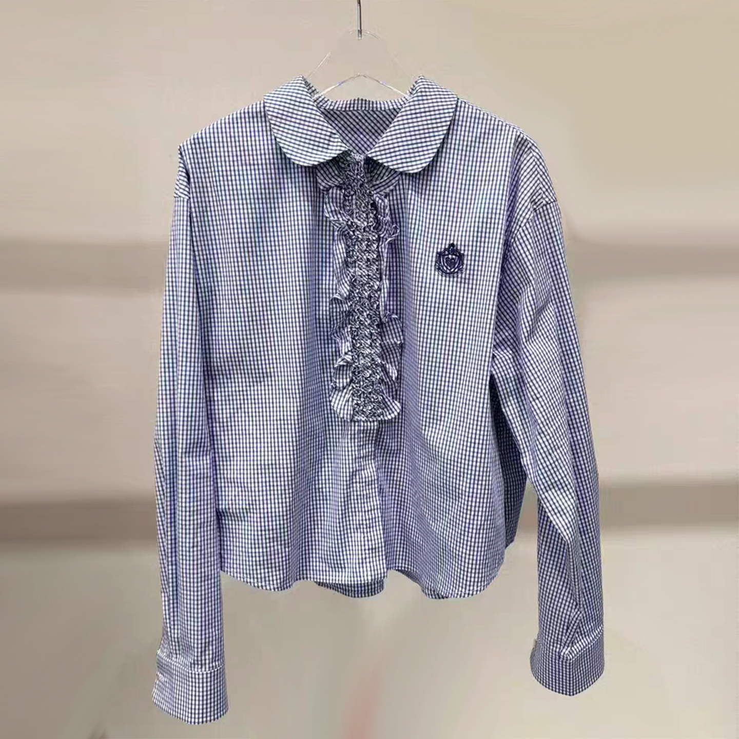 刘浩存同款荷叶花边格子长袖衬衫