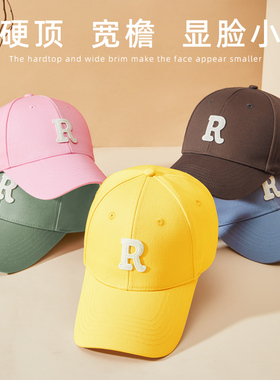 黄色硬顶棒球帽高颅顶字母鸭舌帽春R标字母标男女士大头围遮阳帽