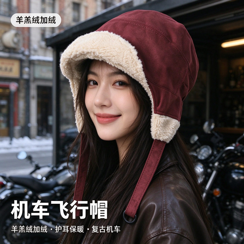 麂皮绒机车飞行帽秋冬季保暖帽子男时尚百搭韩版复古显脸小防风帽