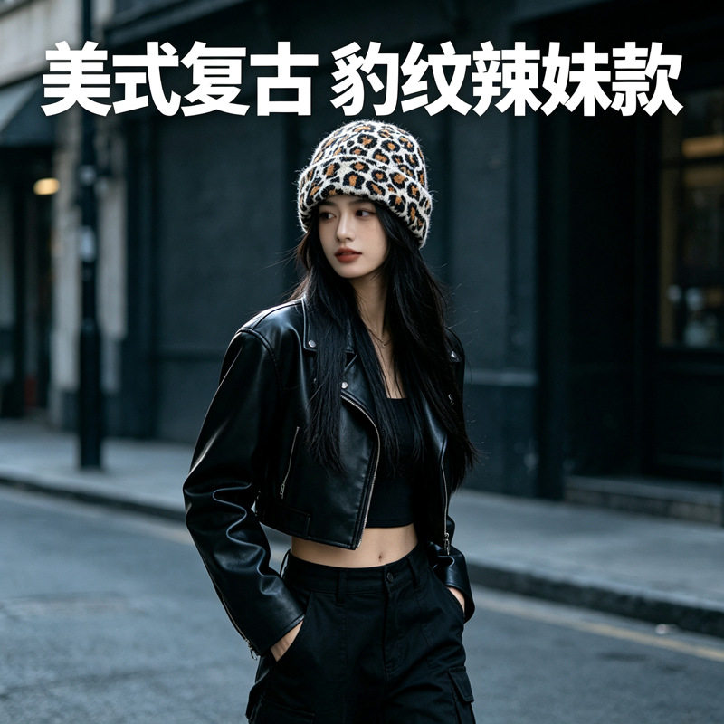 美式复古辣妹豹纹针织帽秋冬季帽子女款大头围显脸小街头嘻哈冷帽
