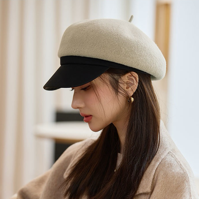老钱风韩国加厚羊毛呢皮U帽檐鸭舌贝雷帽女秋冬季英伦复古报童帽