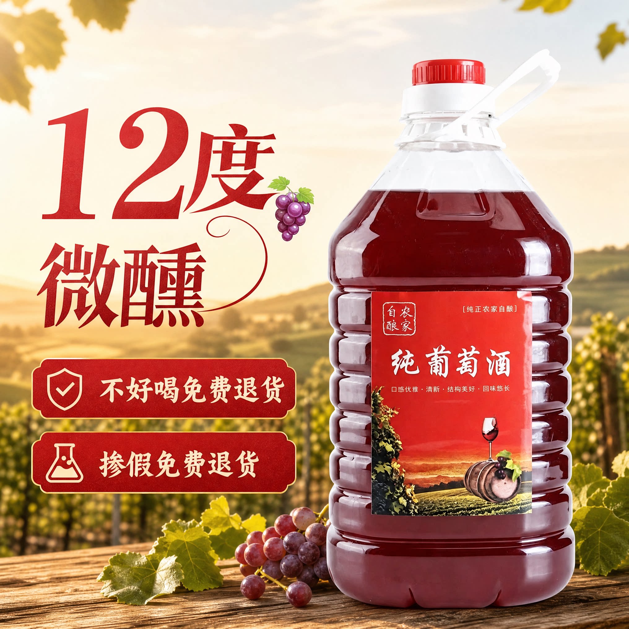 柑榭竹自酿葡萄酒甜型农家甜红葡萄酒水果原汁自制桶装干红试饮装