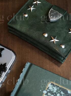 韩国小众设计师品牌 甜酷少女星星铆钉做旧皮革卡包钱包零钱包