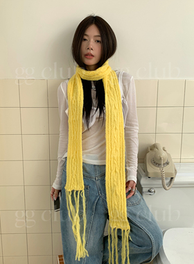 韩国设计师10羊毛纯色针织麻花围巾流苏搭配 黄色围巾长 氛围感